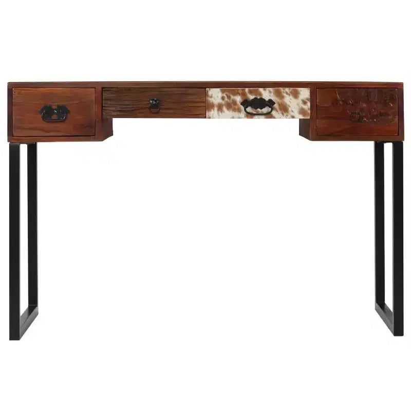 vidaXL Desk Home Office Computer Desk Solid Sheesham Wood and Real Leather - Dark Brown
