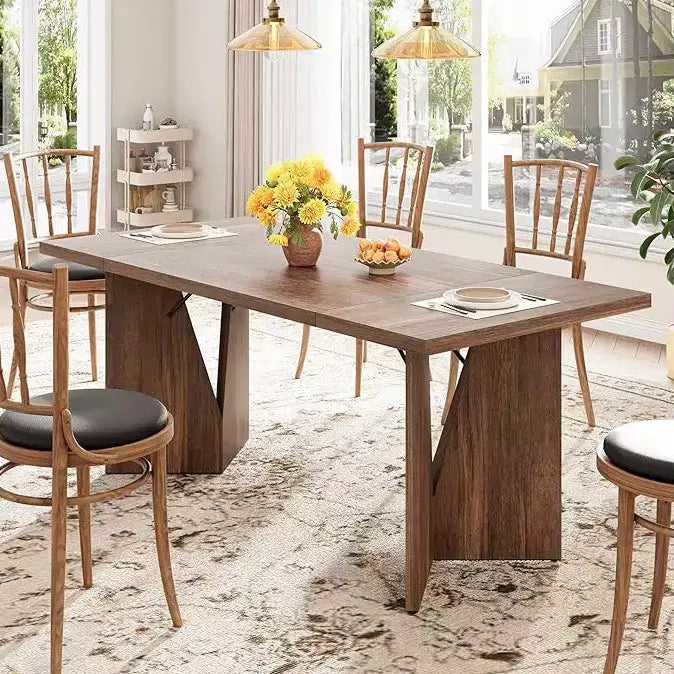71 Inch Rectangular Dining Table for 6-8 People, Farmhouse Large Kitchen Table, Wooden Dinner Table with Thickened Long Tabledesk & Sturdy Flat Legs