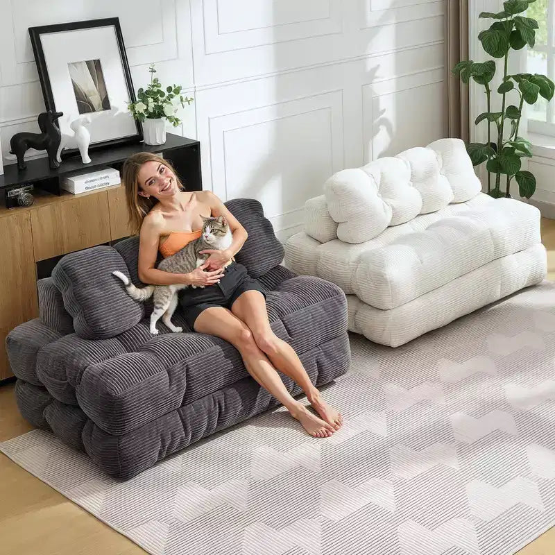 Divano letto pieghevole 3 in 1 con cuscino, Futon da pavimento in velluto a coste, Letto pieghevole in schiuma tritata per soggiorno/camera da letto