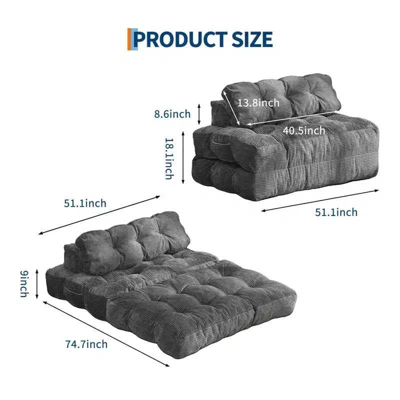 Divano letto pieghevole 3 in 1 con cuscino, Futon da pavimento in velluto a coste, Letto pieghevole in schiuma tritata per soggiorno/camera da letto