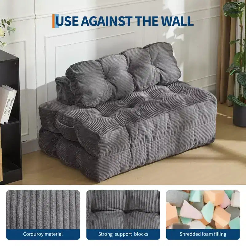 Divano letto pieghevole 3 in 1 con cuscino, Futon da pavimento in velluto a coste, Letto pieghevole in schiuma tritata per soggiorno/camera da letto
