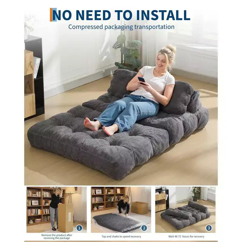 Divano letto pieghevole 3 in 1 con cuscino, Futon da pavimento in velluto a coste, Letto pieghevole in schiuma tritata per soggiorno/camera da letto