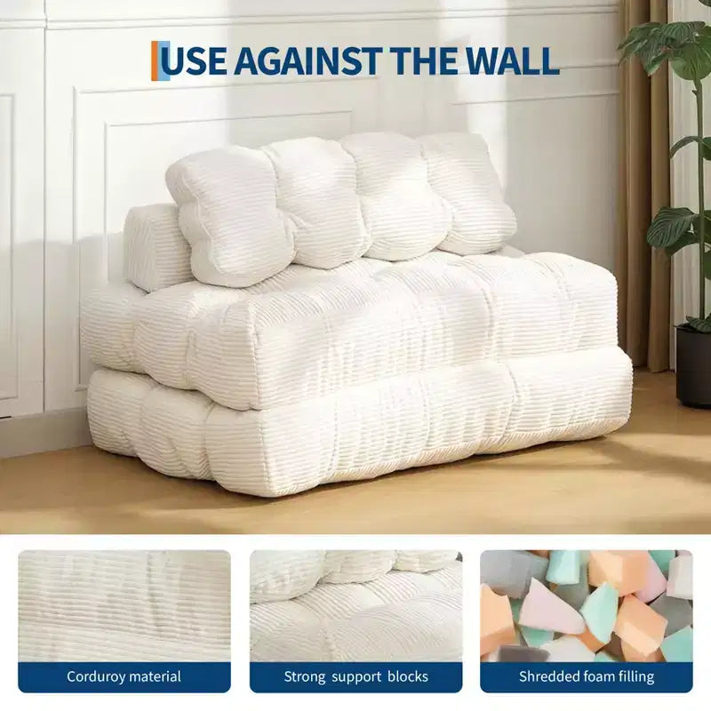 Divano letto pieghevole 3 in 1 con cuscino, Futon da pavimento in velluto a coste, Letto pieghevole in schiuma tritata per soggiorno/camera da letto