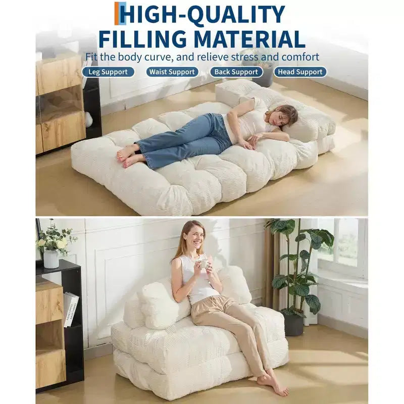 Divano letto pieghevole 3 in 1 con cuscino, Futon da pavimento in velluto a coste, Letto pieghevole in schiuma tritata per soggiorno/camera da letto