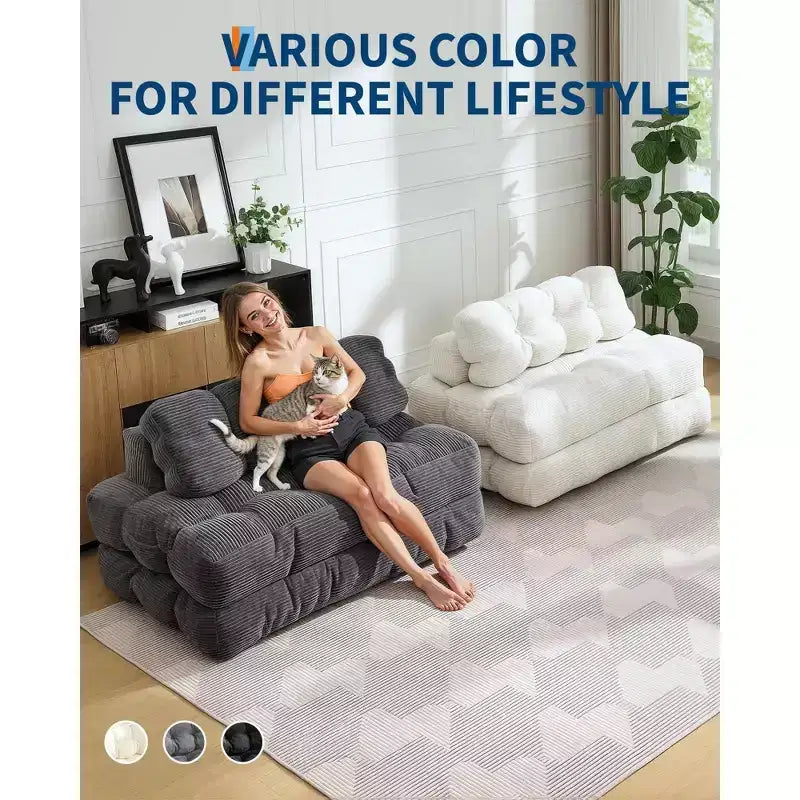 Divano letto pieghevole 3 in 1 con cuscino, Futon da pavimento in velluto a coste, Letto pieghevole in schiuma tritata per soggiorno/camera da letto