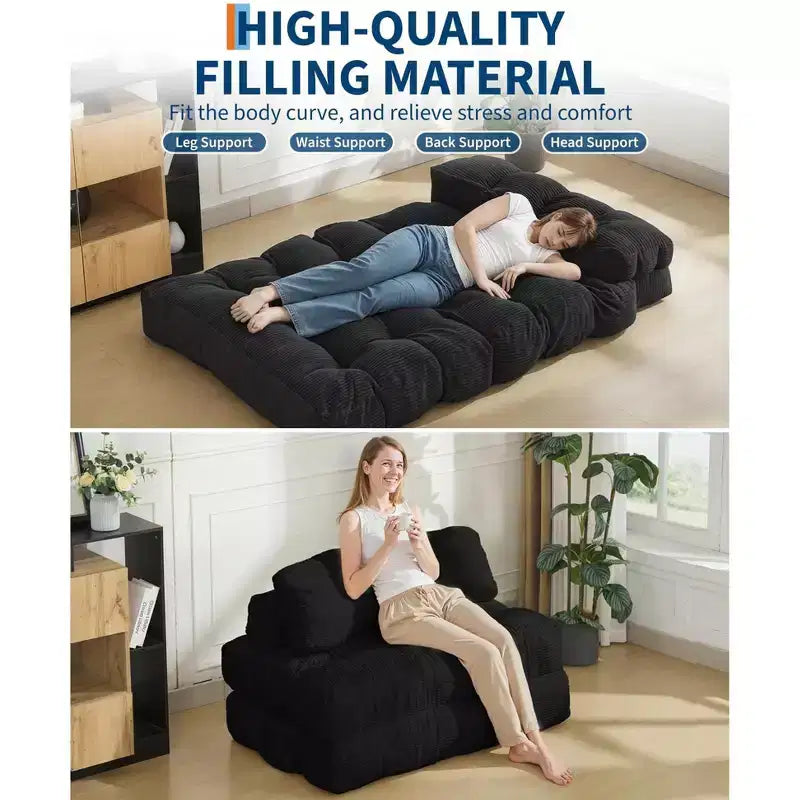 Divano letto pieghevole 3 in 1 con cuscino, Futon da pavimento in velluto a coste, Letto pieghevole in schiuma tritata per soggiorno/camera da letto