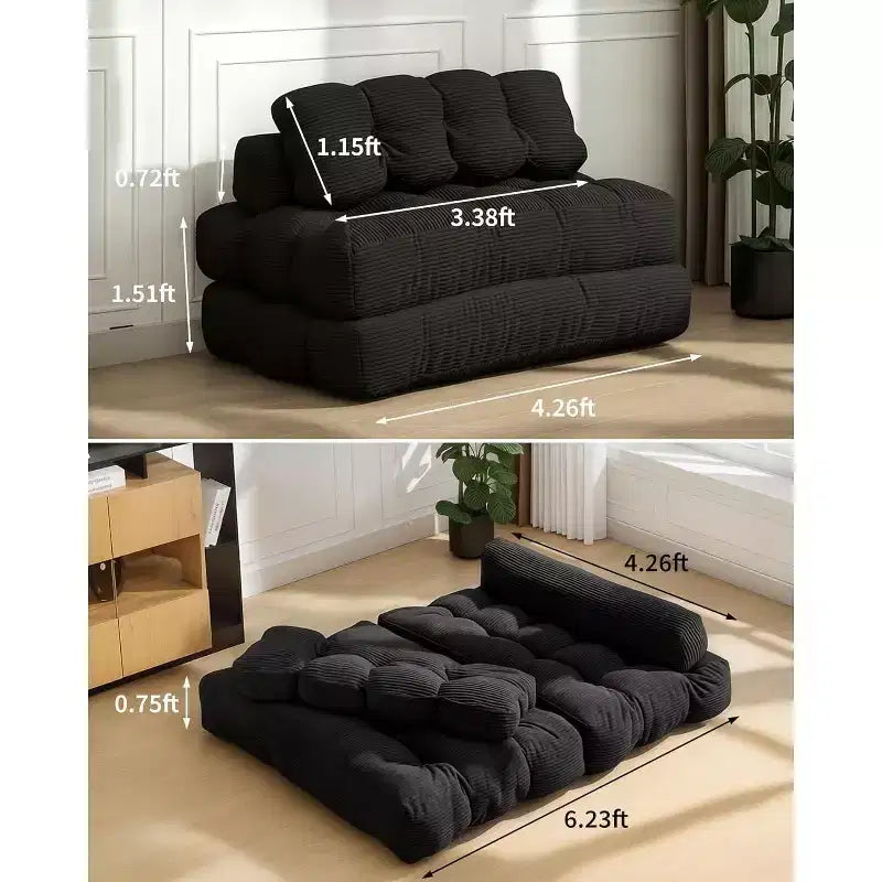 Divano letto pieghevole 3 in 1 con cuscino, Futon da pavimento in velluto a coste, Letto pieghevole in schiuma tritata per soggiorno/camera da letto
