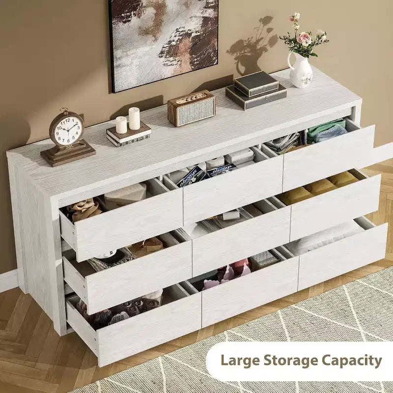 Comò a 9 cassetti con ampio spazio di archiviazione – Legno, Nero o Bianco
