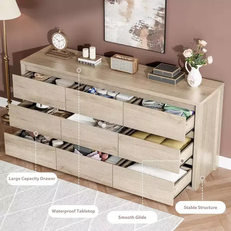 Comò a 9 cassetti con ampio spazio di archiviazione – Legno, Nero o Bianco