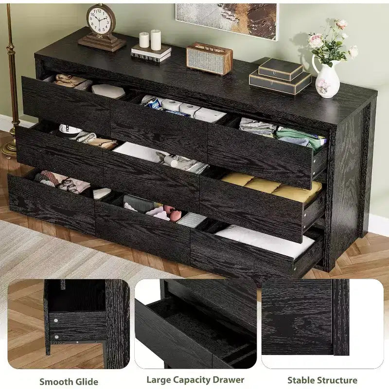 Comò a 9 cassetti con ampio spazio di archiviazione – Legno, Nero o Bianco