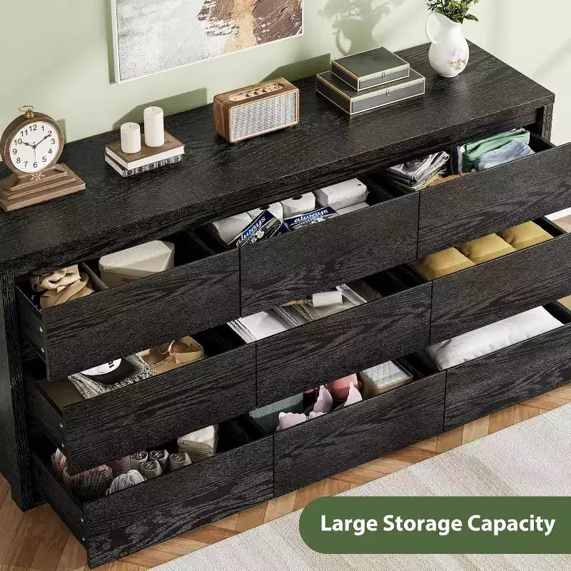Comò a 9 cassetti con ampio spazio di archiviazione – Legno, Nero o Bianco