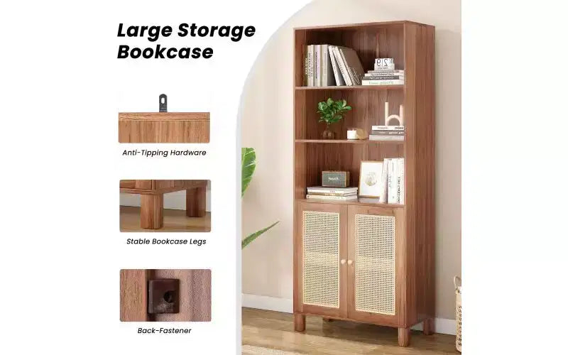 Libreria a 5 ripiani in stile rustico con ante in rattan