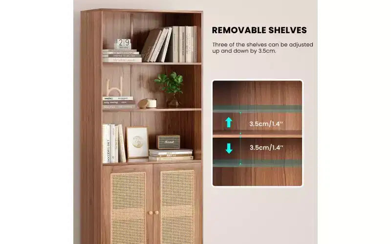Libreria a 5 ripiani in stile rustico con ante in rattan