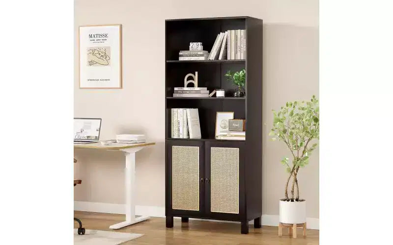 Libreria a 5 ripiani in stile rustico con ante in rattan