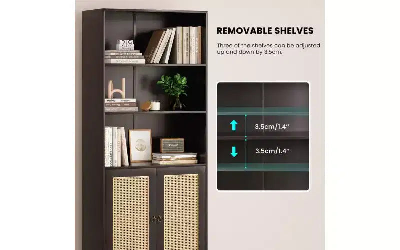 Libreria a 5 ripiani in stile rustico con ante in rattan