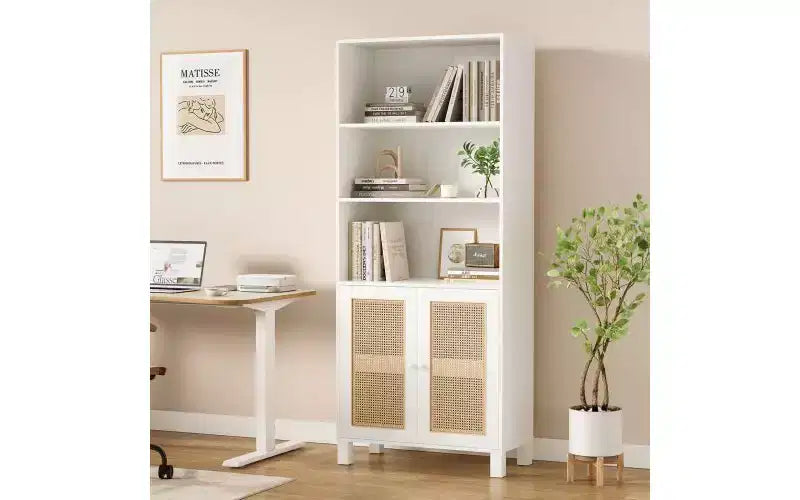 Libreria a 5 ripiani in stile rustico con ante in rattan