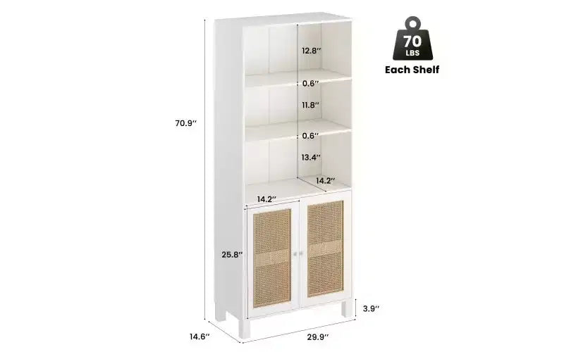 Libreria a 5 ripiani in stile rustico con ante in rattan