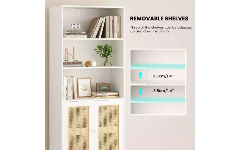 Libreria a 5 ripiani in stile rustico con ante in rattan