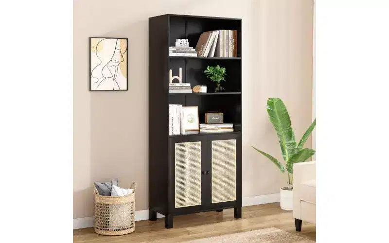 Libreria a 5 ripiani in stile rustico con ante in rattan