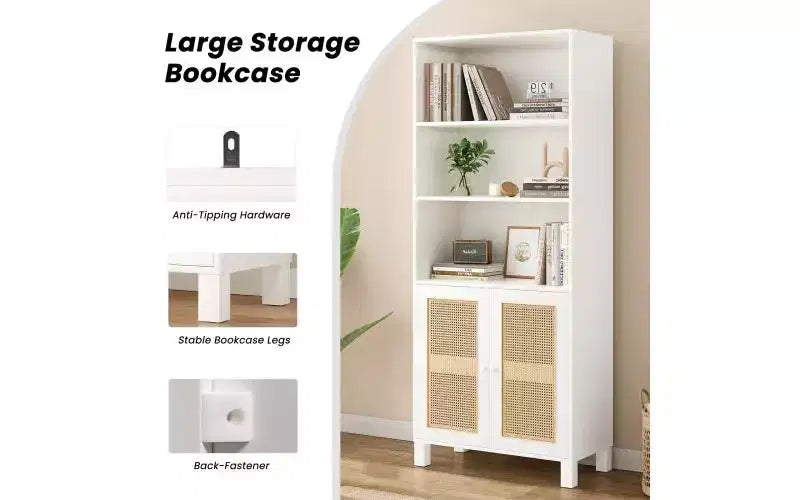 Libreria a 5 ripiani in stile rustico con ante in rattan