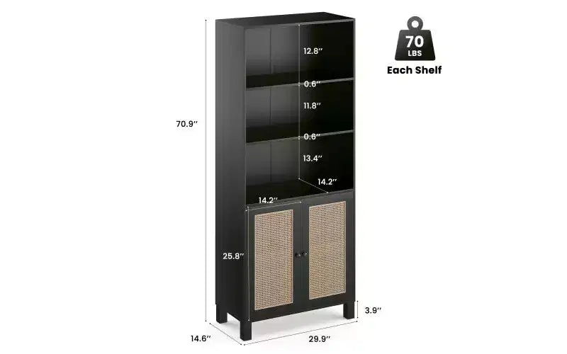 Libreria a 5 ripiani in stile rustico con ante in rattan