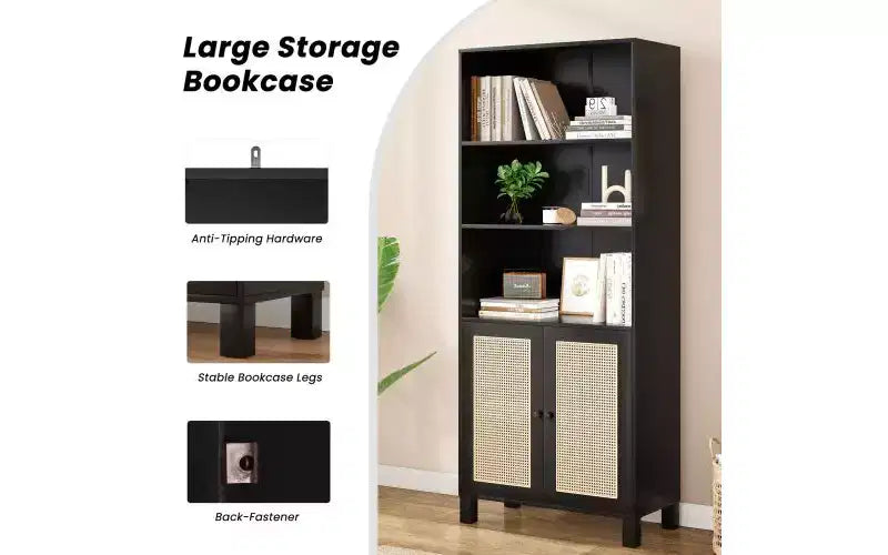 Libreria a 5 ripiani in stile rustico con ante in rattan