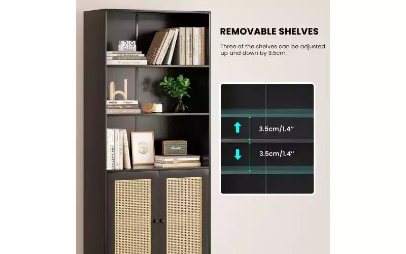 Libreria a 5 ripiani in stile rustico con ante in rattan