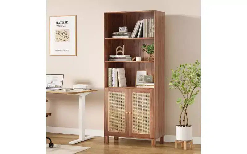 Libreria a 5 ripiani in stile rustico con ante in rattan