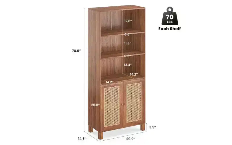 Libreria a 5 ripiani in stile rustico con ante in rattan