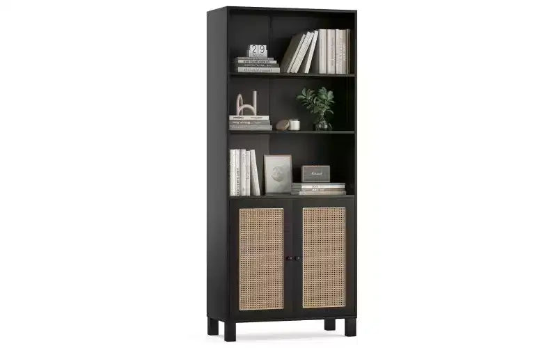 Libreria a 5 ripiani in stile rustico con ante in rattan