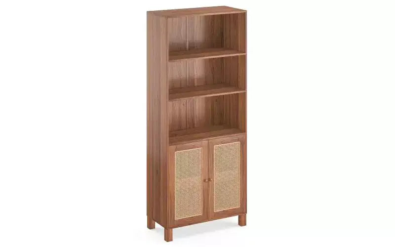 Libreria a 5 ripiani in stile rustico con ante in rattan