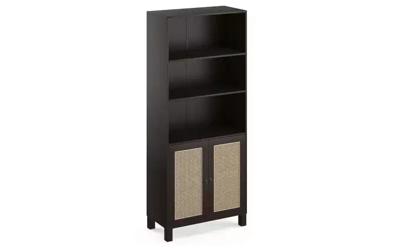 Libreria a 5 ripiani in stile rustico con ante in rattan
