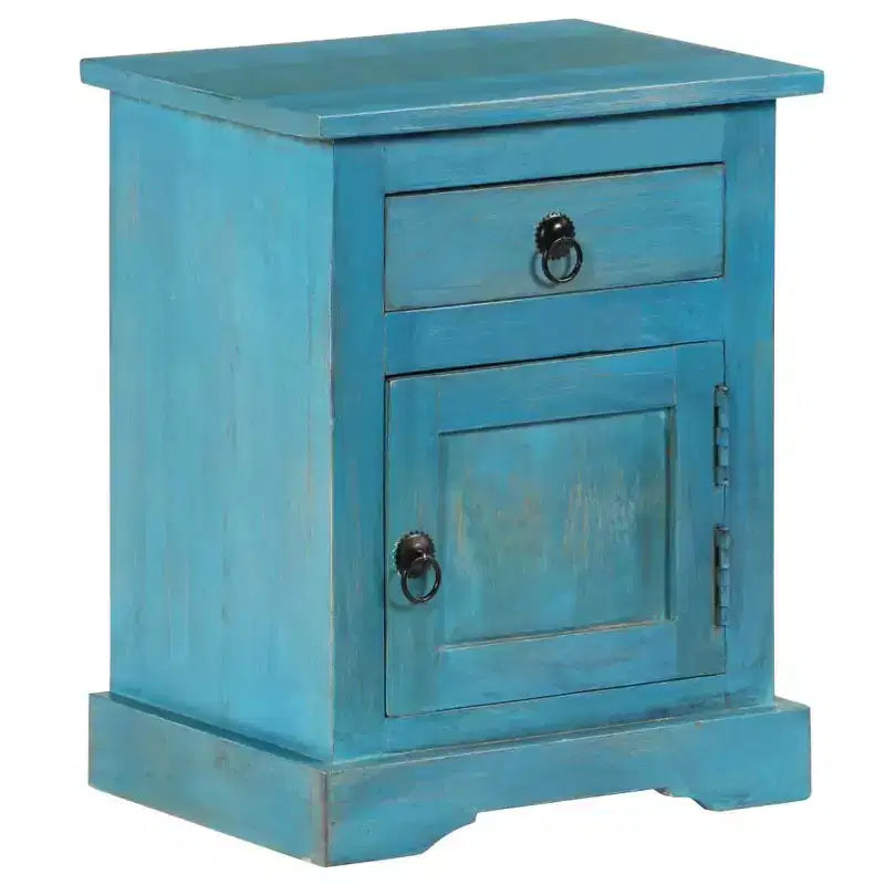 Comodino in legno massello di mango con contenitore – blu, stile vintage