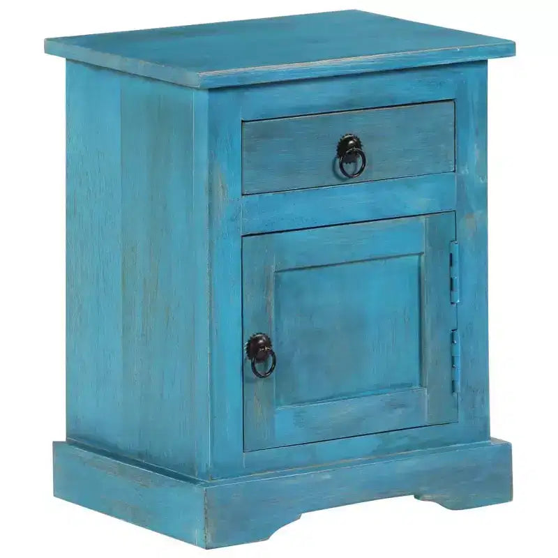 Comodino in legno massello di mango con contenitore – blu, stile vintage