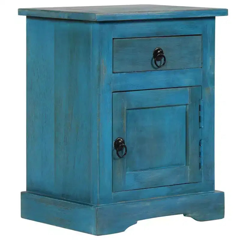 Comodino in legno massello di mango con contenitore – blu, stile vintage