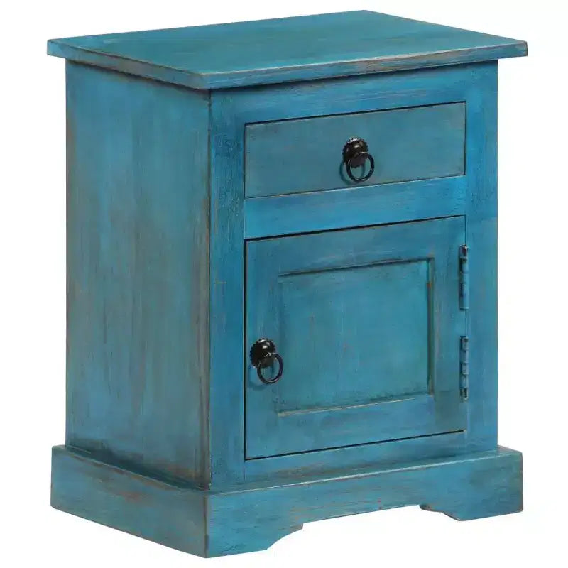 Comodino in legno massello di mango con contenitore – blu, stile vintage