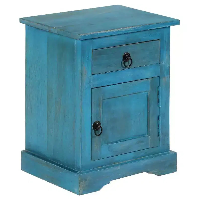 Comodino in legno massello di mango con contenitore – blu, stile vintage