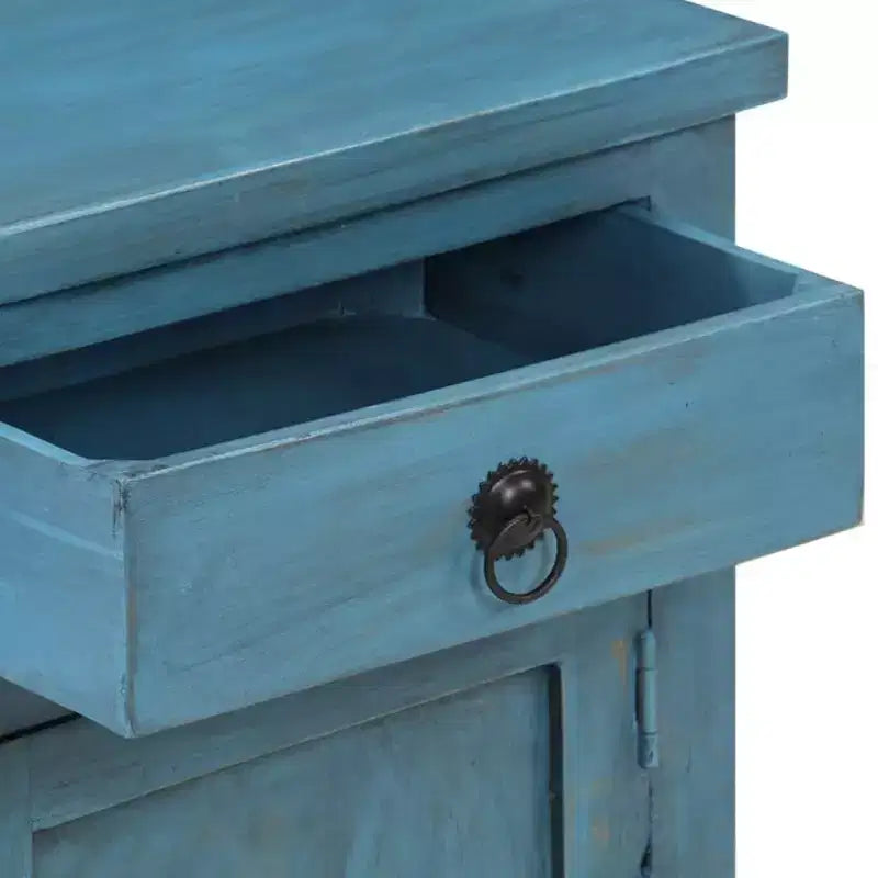 Comodino in legno massello di mango con contenitore – blu, stile vintage