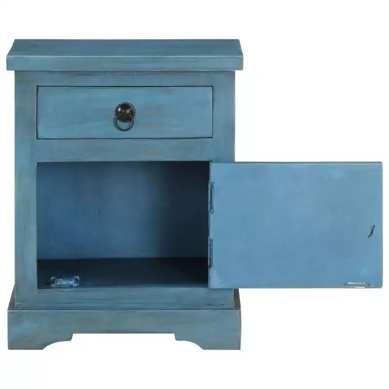 Comodino in legno massello di mango con contenitore – blu, stile vintage