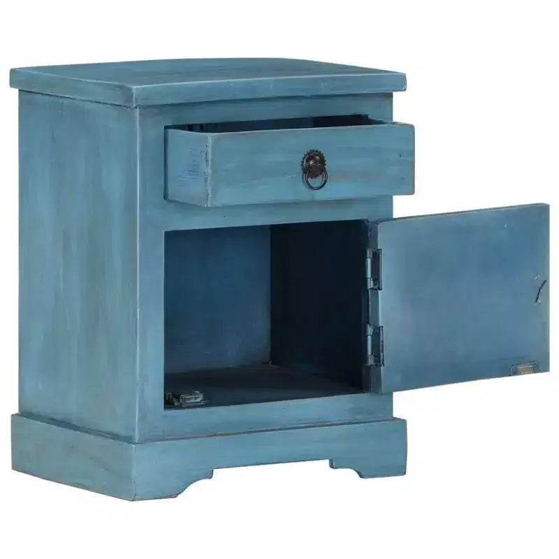 Comodino in legno massello di mango con contenitore – blu, stile vintage