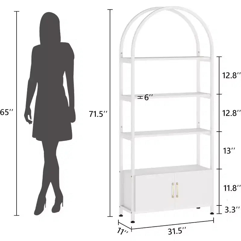 Libreria alta ad arco con 4 ripiani aperti, struttura in metallo nero, ripiani bianchi, 181,6 cm H