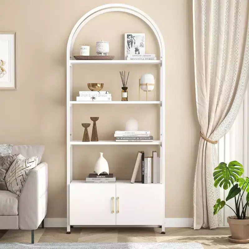 Libreria alta ad arco con 4 ripiani aperti, struttura in metallo nero, ripiani bianchi, 181,6 cm H