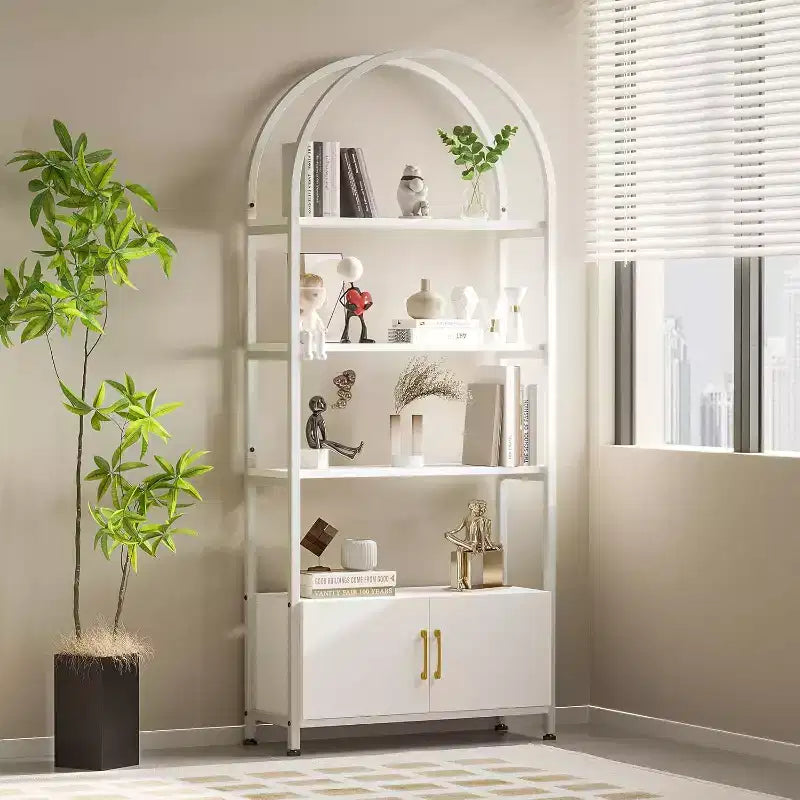 Libreria alta ad arco con 4 ripiani aperti, struttura in metallo nero, ripiani bianchi, 181,6 cm H