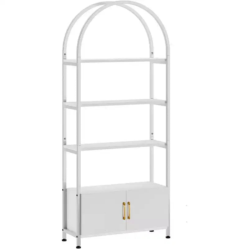 Libreria alta ad arco con 4 ripiani aperti, struttura in metallo nero, ripiani bianchi, 181,6 cm H