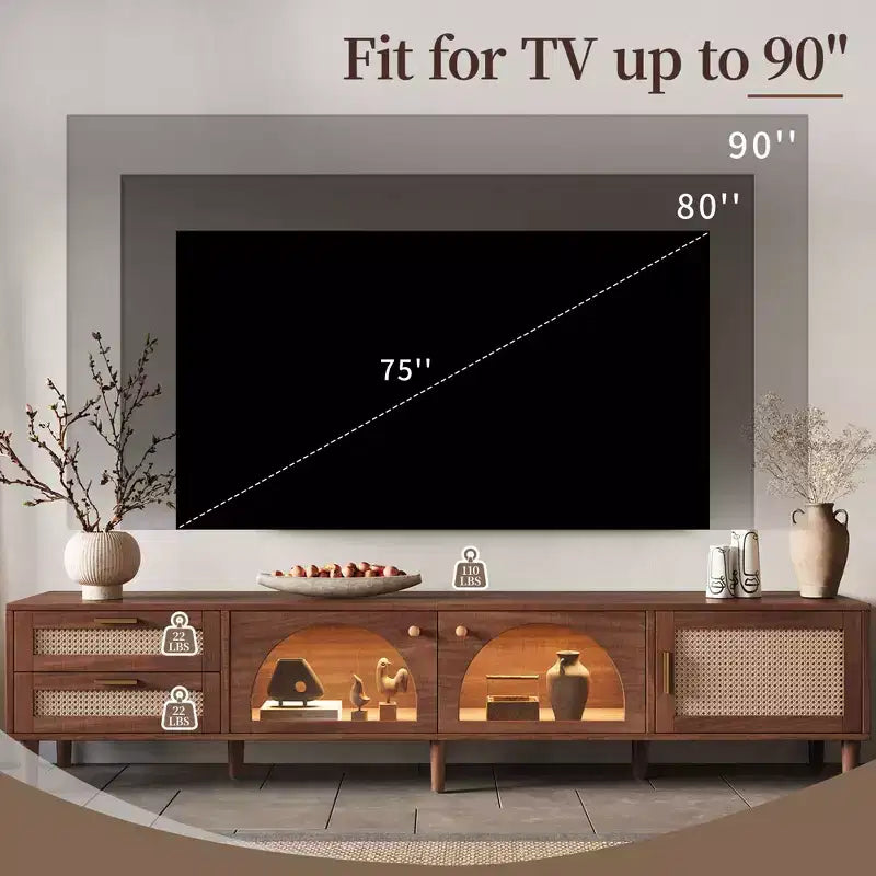 Mobile TV da 86 pollici con luci LED, 2 cassetti e vano con anta in vetro - Marrone