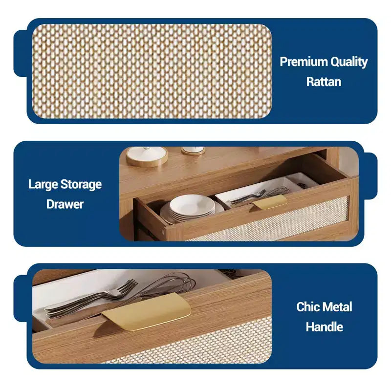 Madia in Rattan per Ingresso con Ripiani Regolabili e Cassetto