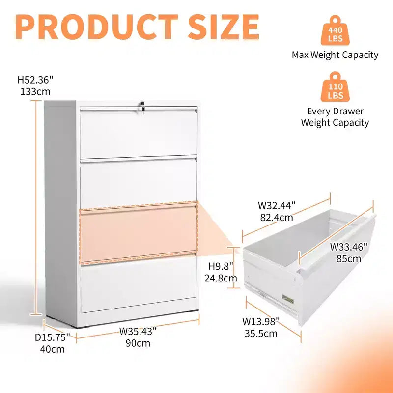 Classificatore laterale a 4 cassetti con serratura – Mobiletto classificatore in metallo bianco per ufficio domestico