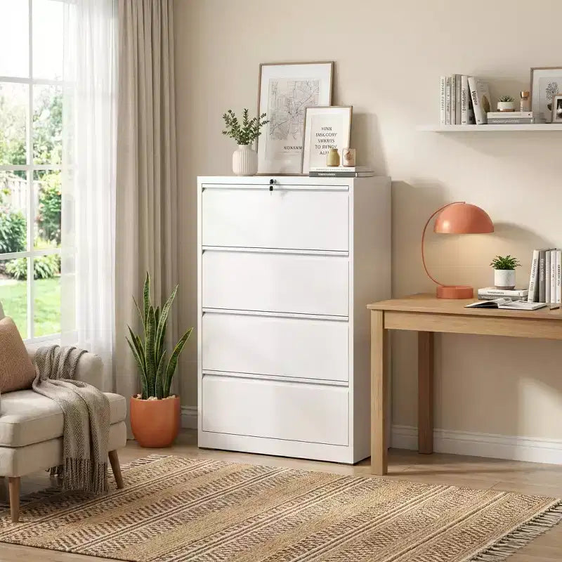 Classificatore laterale a 4 cassetti con serratura – Mobiletto classificatore in metallo bianco per ufficio domestico