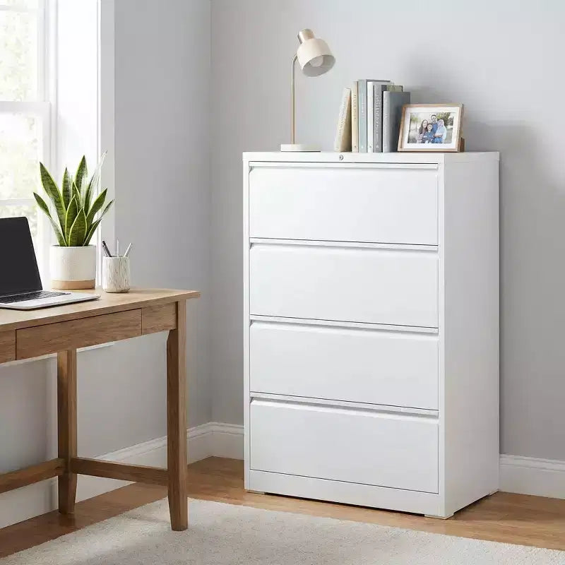 Classificatore laterale a 4 cassetti con serratura – Mobiletto classificatore in metallo bianco per ufficio domestico