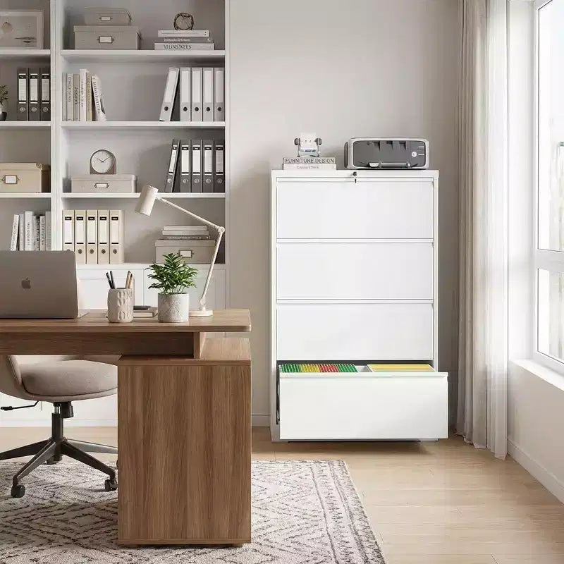 Classificatore laterale a 4 cassetti con serratura – Mobiletto classificatore in metallo bianco per ufficio domestico